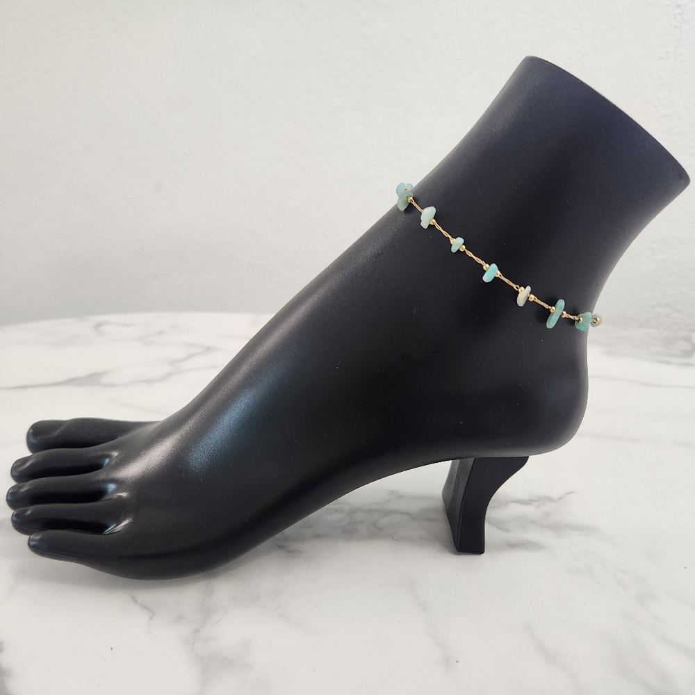 Minimalist Dainty Green Stone Stainless Steel Gold Plated Anklet - Picture 3 of 15